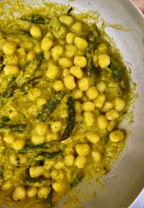 saffron creamy gnocchi with asparagus