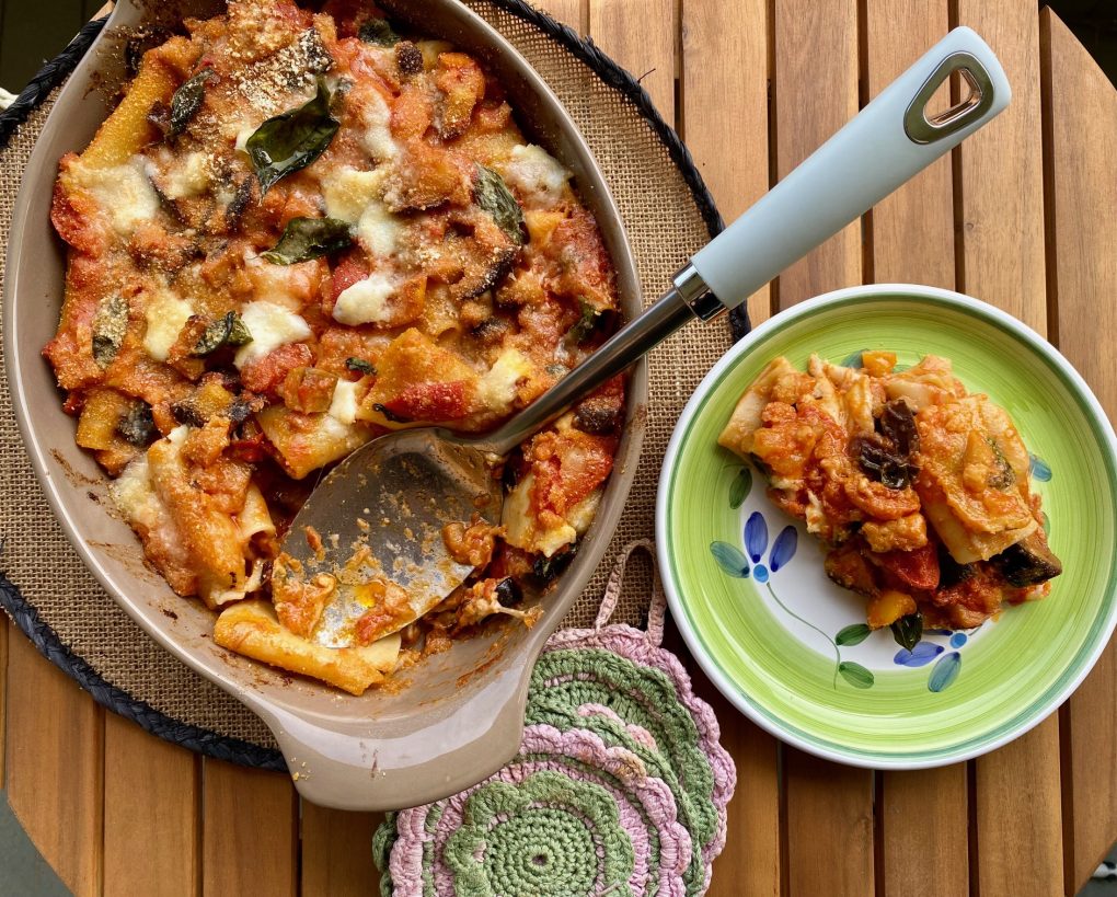 baked pasta with fried aubergines