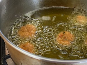 deep-frying aubergine meatballs